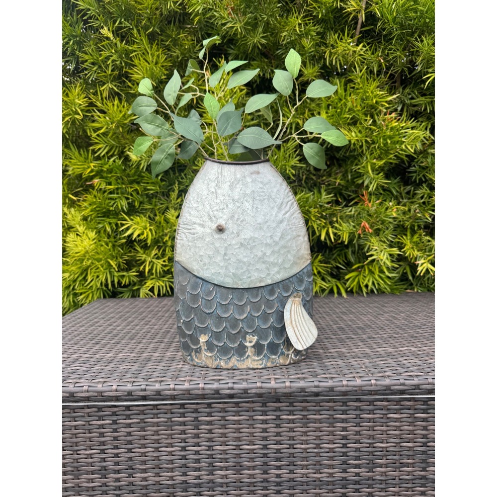 Large Coastal Fish Vase Galvanized Metal Nautical Sculpture Decor